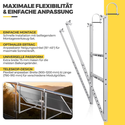 GLIESE Balkonkraftwerk Halterung | Solarmodulhalterung für 400W-550W - 15°-45° verstellbar aus stabilem Aluminium, inkl. Haken für rundes Geländer - Für Balkon, Flachdach, Wand (Silber)