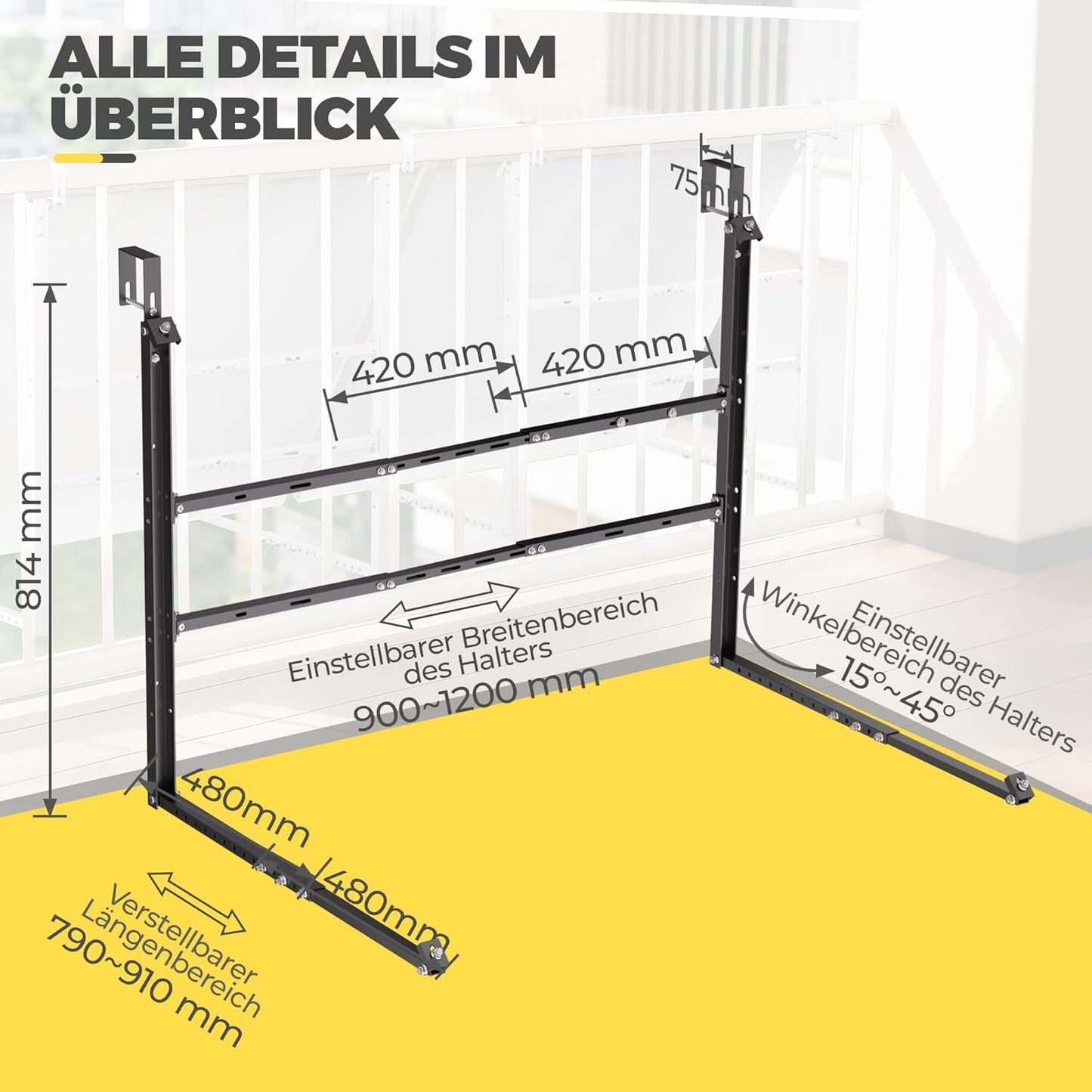 GLIESE Balkonkraftwerk Halterung,Solarmodulhalterung für 400W-550W - 15°-45° verstellbar aus stabilem Aluminium, inkl.Haken für Quadratprofil-Geländer - Für Balkon, Flachdach, Wand (Silber)