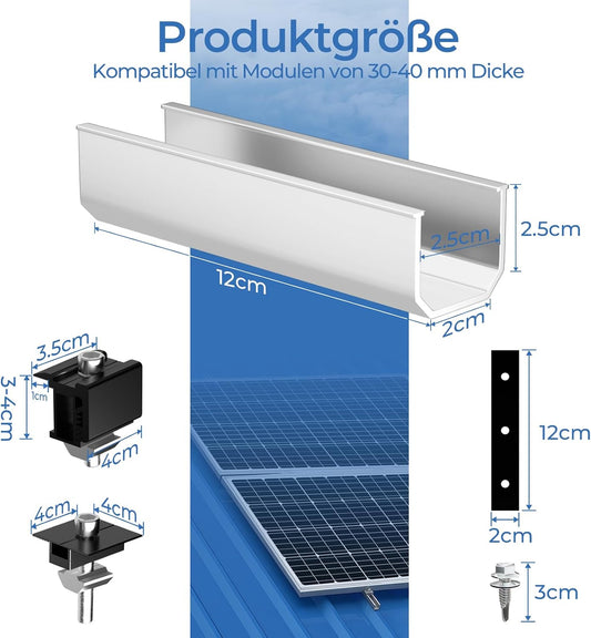 GLIESE Solarmodul Halterung für 2 Module | PV-Montagesystem mit 12 cm Aluminiumschiene & Schwarze Verstellklemmen für 30-40mm Moduldicke | Solarmodul-Befestigung für Flachdach, Trapezblech, Blechdach