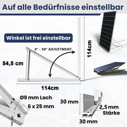 GLIESE Solarmodul Halterung 114 cm (2er-Set),Solarpanel Halterung,Balkonkraftwerk Halterung,Verstellbarer Winkel Von 0° bis 90°,Aluminium Halterungen Flachdach für 100 W-600 W, 0% MwSt.