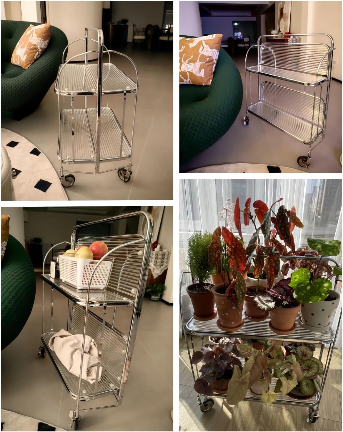 GLIESE Servierwagen Klappbar Mit Rädern,2 Tier Clear Tempered Glass,Mobiler Aufbewahrungs-Klappwagen,KüChenrollwagen, Barwagen Teewagen,Weinwagen Servierwagen,GeträNkewagen