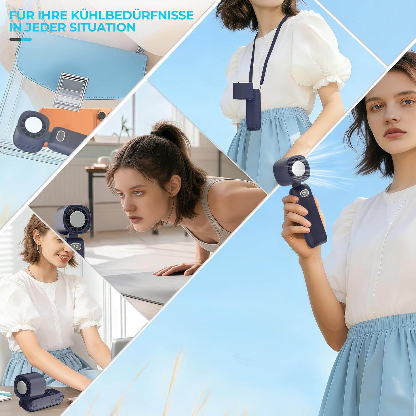 GLIESE Handventilator 5000mAh, Klappbarer USB-C Mini Ventilator mit Wiederaufladbarem Akku & Kühlpad, Tragbarer Tischventilator mit 5 Stufen für Büro, Reise, Camping, Auto - Dunkelblau