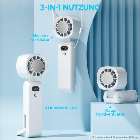 GLIESE Handventilator 5000mAh, Klappbarer USB-C Mini Ventilator mit Wiederaufladbarem Akku & Kühlpad, Tragbarer Tischventilator mit 5 Stufen für Büro, Reise, Camping, Auto - Weiß