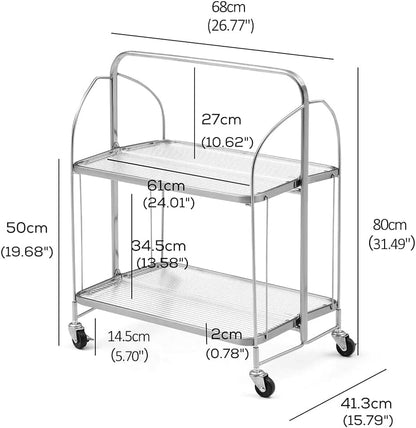 GLIESE Servierwagen Klappbar Mit Rädern,2 Tier Clear Tempered Glass,Mobiler Aufbewahrungs-Klappwagen,KüChenrollwagen, Barwagen Teewagen,Weinwagen Servierwagen,GeträNkewagen