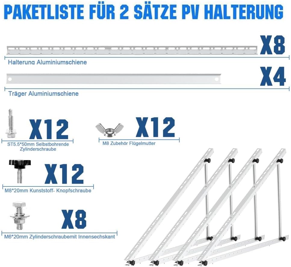 GLIESE Solarmodul Halterung 117 cm (2 Sets), Solarpanel Halterung,Balkonkraftwerk Halterungen ,Aluminiumlegierung PV-Module Halterung Solarmodul für 100W-600W,Verstellbarer Winkel Von 0°-90°, 0% MwSt.