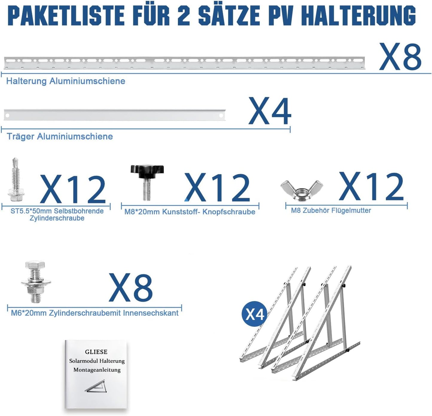 GLIESE Solarmodul Halterung 114 cm (2er-Set),Solarpanel Halterung,Balkonkraftwerk Halterung,Verstellbarer Winkel Von 0° bis 90°,Aluminium Halterungen Flachdach für 100 W-600 W, 0% MwSt.