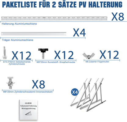 GLIESE Solarmodul Halterung 114 cm (2er-Set),Solarpanel Halterung,Balkonkraftwerk Halterung,Verstellbarer Winkel Von 0° bis 90°,Aluminium Halterungen Flachdach für 100 W-600 W, 0% MwSt.