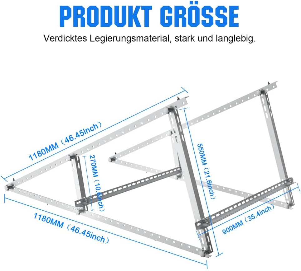 GLIESE Solarmodul Halterungen 118 cm 2 Stück, Neigungswinkel 0-90° verstellbar aus Aluminium & Edelstahl, Balkonkraftwerk Montageset kompatibel mit 100W-600W, Flachdach, Wand & Garten, 0% MwSt.