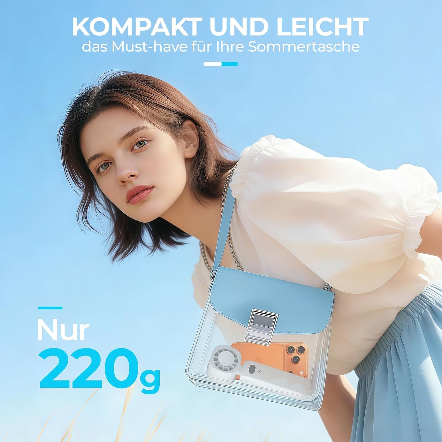 GLIESE Handventilator 5000mAh, Klappbarer USB-C Mini Ventilator mit Wiederaufladbarem Akku & Kühlpad, Tragbarer Tischventilator mit 5 Stufen für Büro, Reise, Camping, Auto - Weiß