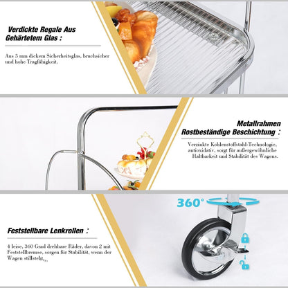 GLIESE Servierwagen Klappbar Mit Rädern,2 Tier Clear Tempered Glass,Mobiler Aufbewahrungs-Klappwagen,KüChenrollwagen, Barwagen Teewagen,Weinwagen Servierwagen,GeträNkewagen