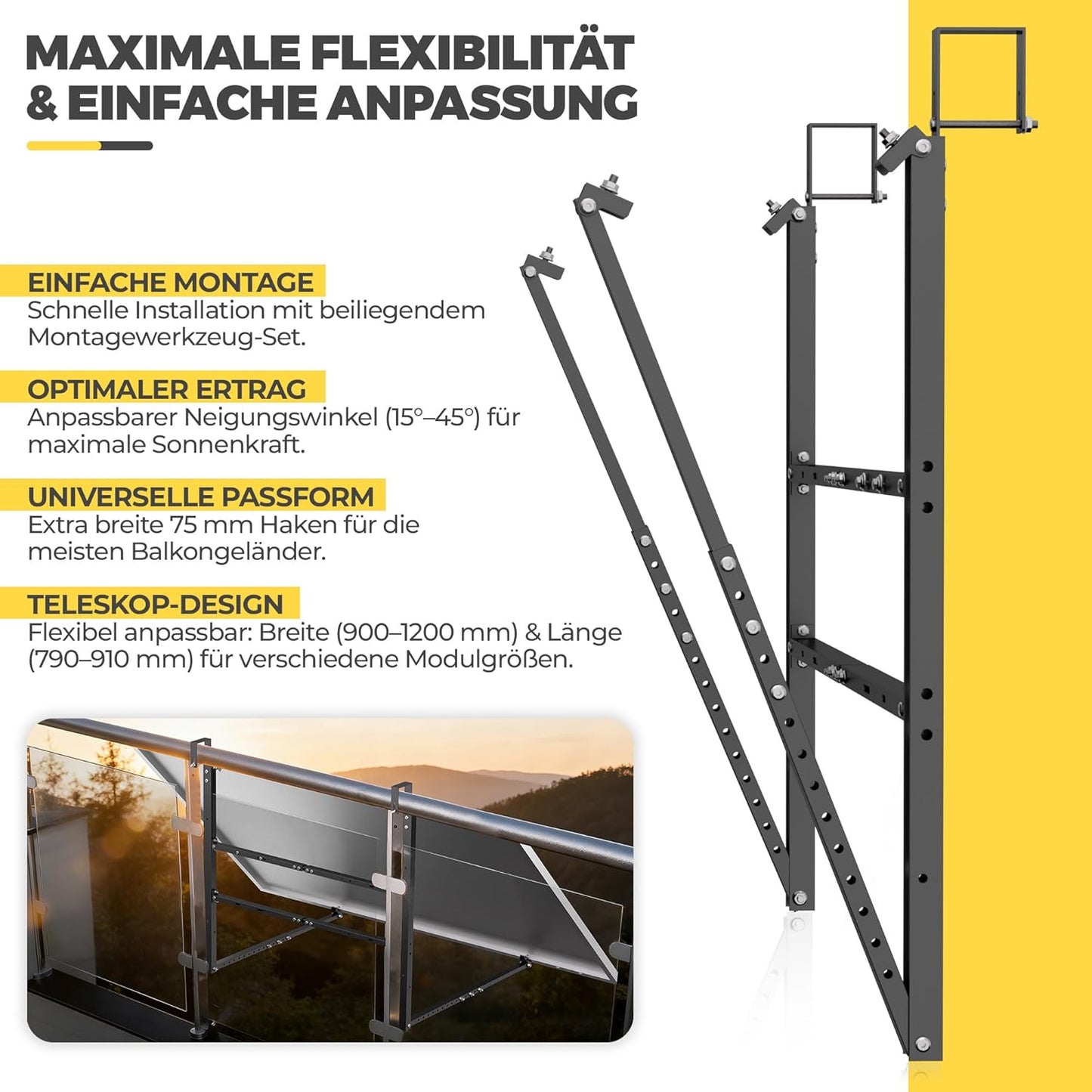 GLIESE Balkonkraftwerk Halterung für 400W-550W Solarmodule - 15°-45° verstellbar aus stabilem Aluminium, inkl. Haken für Quadratprofil-Geländer - Für Balkon, Flachdach, Wand (Schwarz)