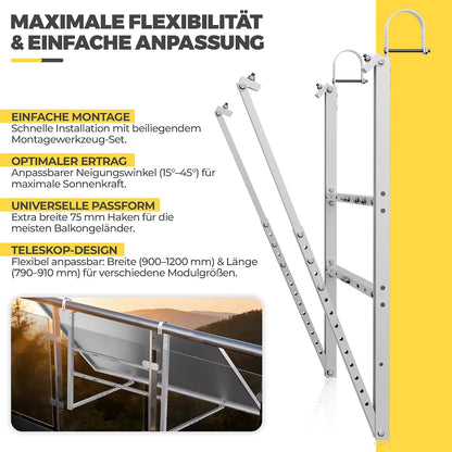 GLIESE Balkonkraftwerk Halterung | Solarmodulhalterung für 400W-550W - 15°-45° verstellbar aus stabilem Aluminium, inkl. Haken für rundes Geländer - Für Balkon, Flachdach, Wand (Silber)