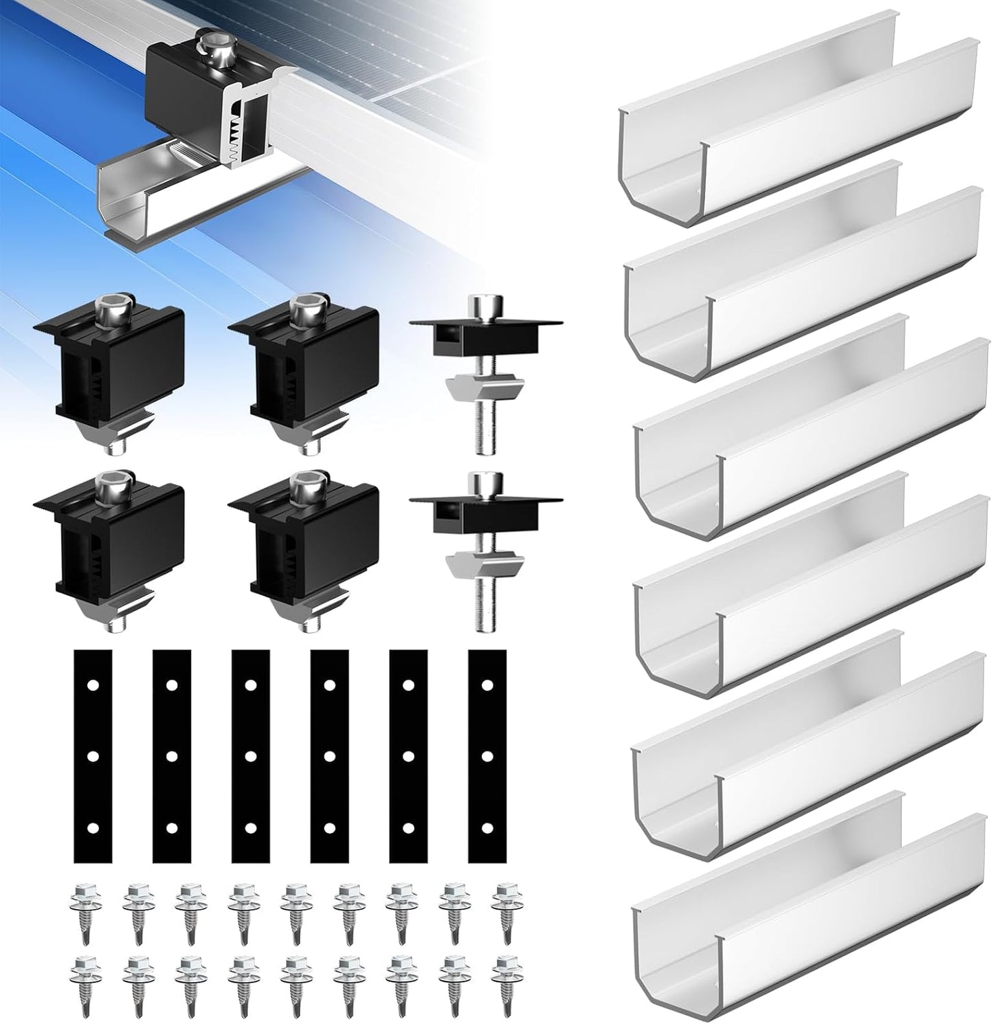 GLIESE Solarmodul Halterung für 2 Module | PV-Montagesystem mit 12 cm Aluminiumschiene & Schwarze Verstellklemmen für 30-40mm Moduldicke | Solarmodul-Befestigung für Flachdach, Trapezblech, Blechdach