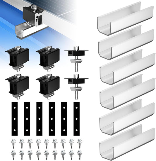 GLIESE Solarmodul Halterung für 2 Module | PV-Montagesystem mit 12 cm Aluminiumschiene & Schwarze Verstellklemmen für 30-40mm Moduldicke | Solarmodul-Befestigung für Flachdach, Trapezblech, Blechdach
