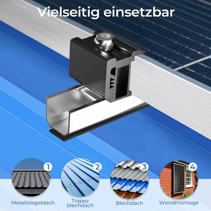 GLIESE Solarmodul Halterung für 2 Module | PV-Montagesystem mit 12 cm Aluminiumschiene & Schwarze Verstellklemmen für 30-40mm Moduldicke | Solarmodul-Befestigung für Flachdach, Trapezblech, Blechdach
