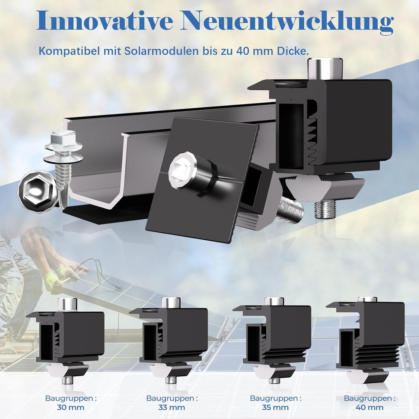 GLIESE Solarmodul Halterung für 2 Module | PV-Montagesystem mit 12 cm Aluminiumschiene & Schwarze Verstellklemmen für 30-40mm Moduldicke | Solarmodul-Befestigung für Flachdach, Trapezblech, Blechdach
