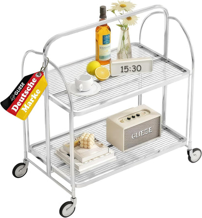 GLIESE Servierwagen Klappbar Mit Rädern,2 Tier Clear Tempered Glass,Mobiler Aufbewahrungs-Klappwagen,KüChenrollwagen, Barwagen Teewagen,Weinwagen Servierwagen,GeträNkewagen