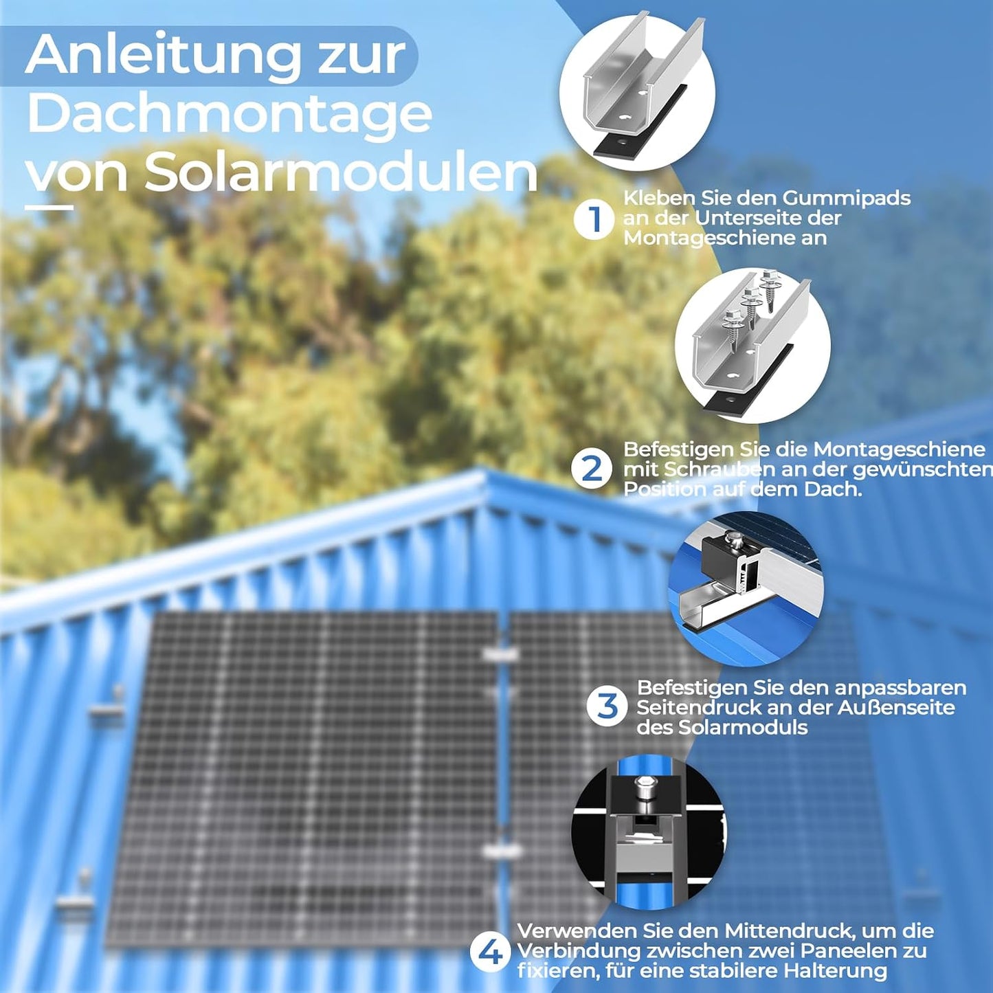 GLIESE Solarmodul Halterung für 2 Module | PV-Montagesystem mit 12 cm Aluminiumschiene & Schwarze Verstellklemmen für 30-40mm Moduldicke | Solarmodul-Befestigung für Flachdach, Trapezblech, Blechdach