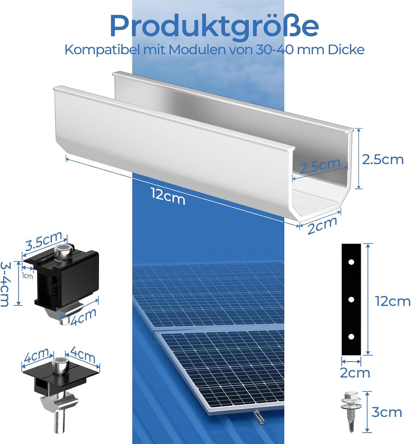 GLIESE Solarmodul Halterung für 2 Module | PV-Montagesystem mit 12 cm Aluminiumschiene & Schwarze Verstellklemmen für 30-40mm Moduldicke | Solarmodul-Befestigung für Flachdach, Trapezblech, Blechdach