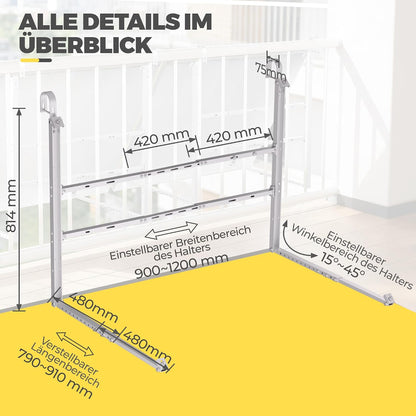 GLIESE Balkonkraftwerk Halterung | Solarmodulhalterung für 400W-550W - 15°-45° verstellbar aus stabilem Aluminium, inkl. Haken für rundes Geländer - Für Balkon, Flachdach, Wand (Silber)
