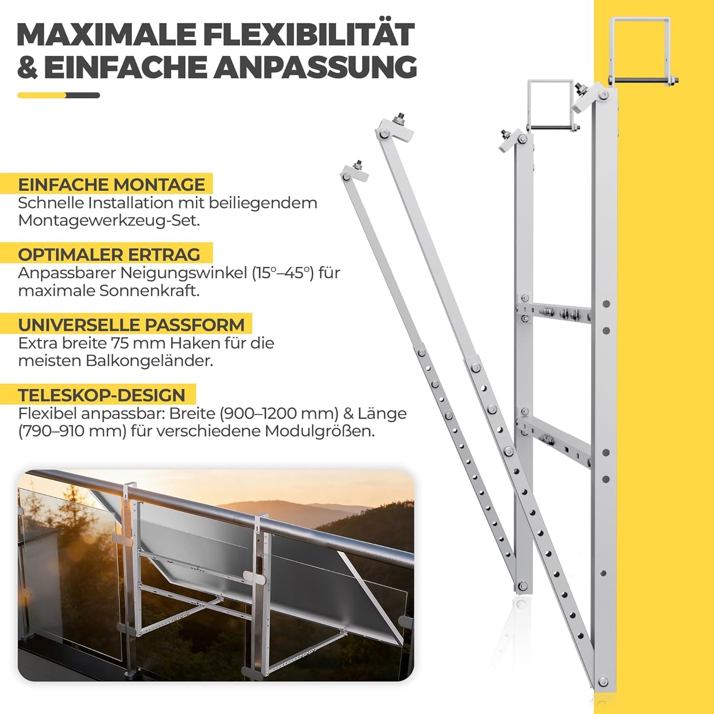 GLIESE Balkonkraftwerk Halterung,Solarmodulhalterung für 400W-550W - 15°-45° verstellbar aus stabilem Aluminium, inkl.Haken für Quadratprofil-Geländer - Für Balkon, Flachdach, Wand (Silber)