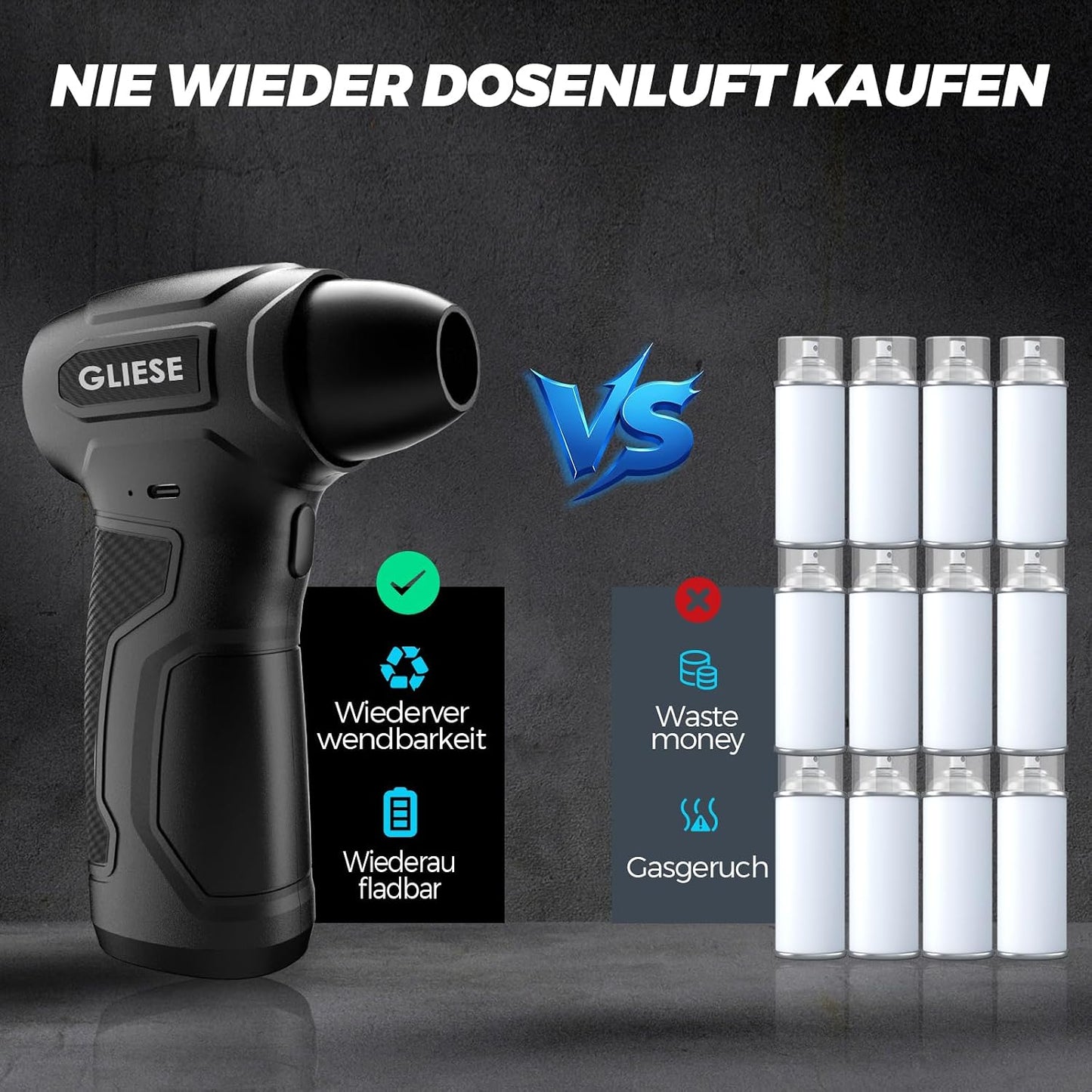 GLIESE Elektrisches Staubgebläse Druckluftspray für PC Reinigungsset, 200.000 U/min Compressed Air, 3-Gang Air Duster Luftdruckspray mit 8000mah Akku, Tastatur Reinigung für PC, Elektronik, Sofa, Auto
