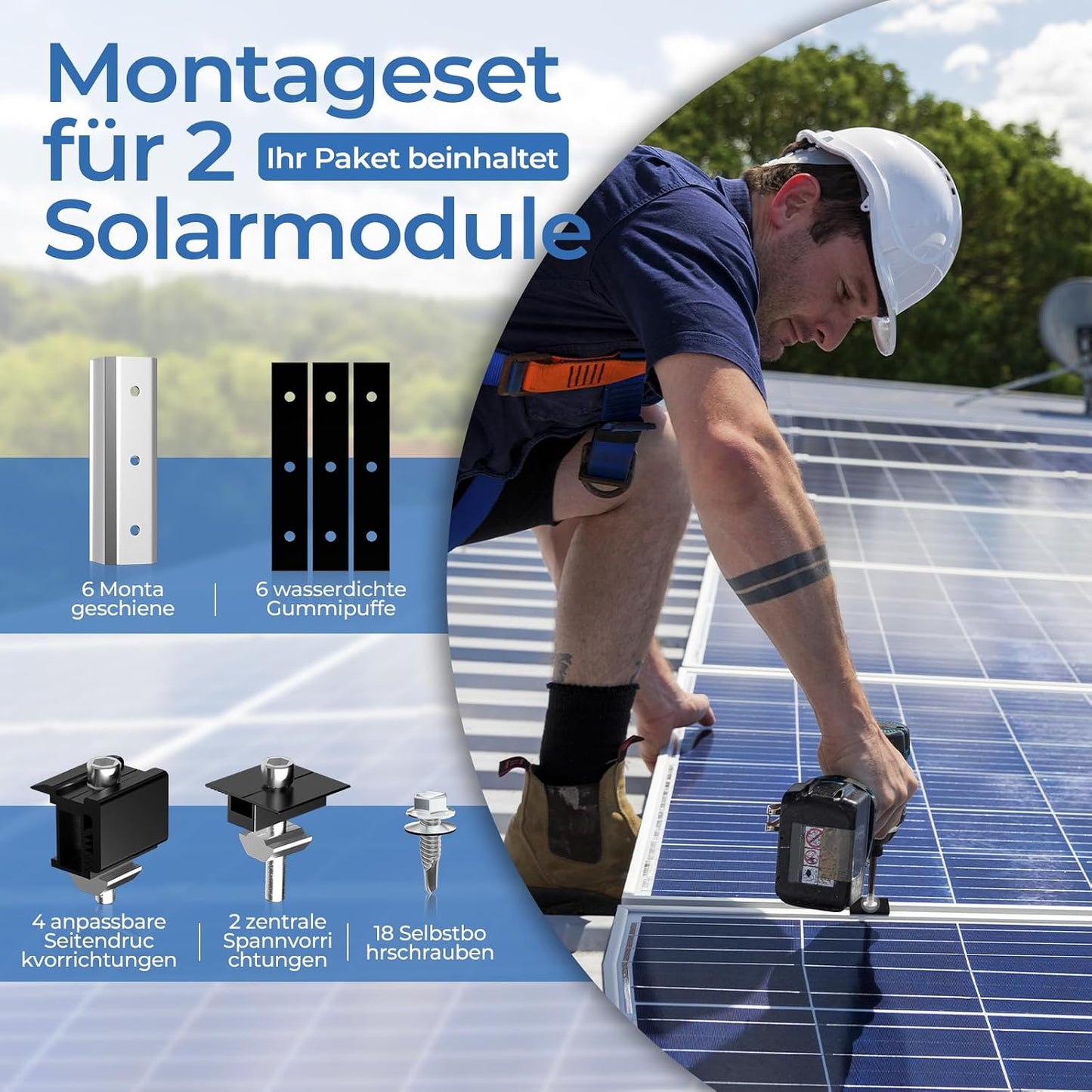 GLIESE Solarmodul Halterung für 2 Module | PV-Montagesystem mit 12 cm Aluminiumschiene & Schwarze Verstellklemmen für 30-40mm Moduldicke | Solarmodul-Befestigung für Flachdach, Trapezblech, Blechdach