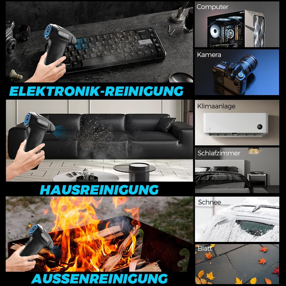 GLIESE Elektrisches Staubgebläse Druckluftspray für PC Reinigungsset, 200.000 U/min Compressed Air, 3-Gang Air Duster Luftdruckspray mit 8000mah Akku, Tastatur Reinigung für PC, Elektronik, Sofa, Auto