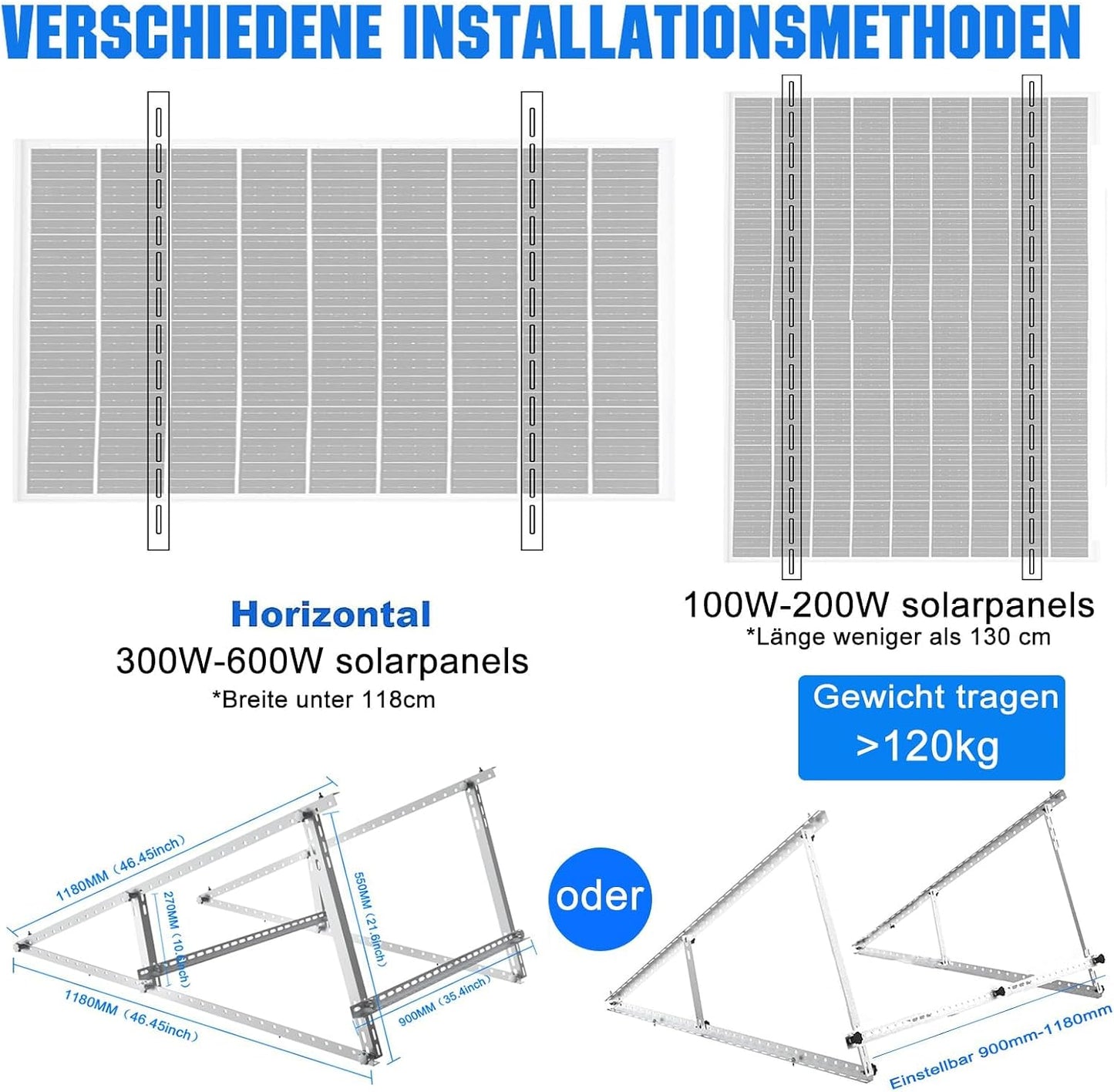 GLIESE Solarmodul Halterungen 118 cm 2 Stück, Neigungswinkel 0-90° verstellbar aus Aluminium & Edelstahl, Balkonkraftwerk Montageset kompatibel mit 100W-600W, Flachdach, Wand & Garten, 0% MwSt.
