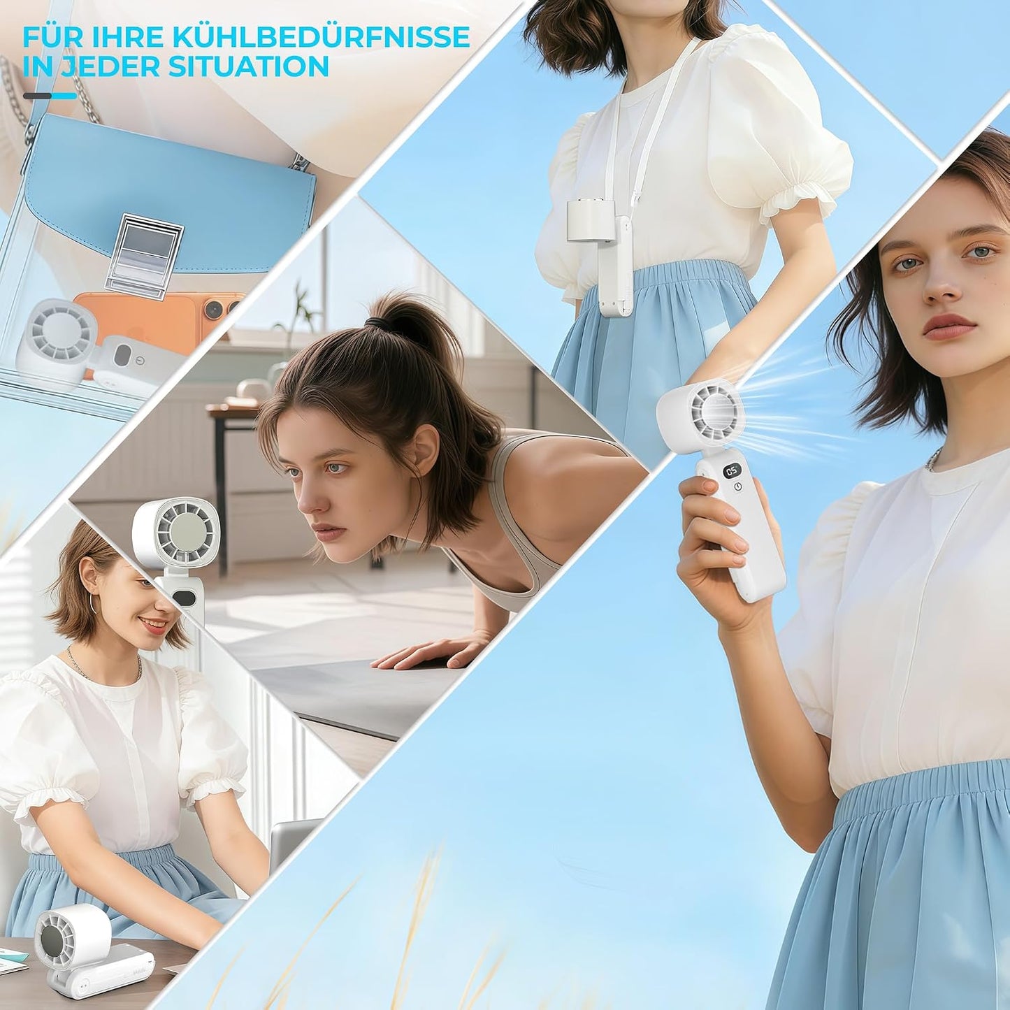 GLIESE Handventilator 5000mAh, Klappbarer USB-C Mini Ventilator mit Wiederaufladbarem Akku & Kühlpad, Tragbarer Tischventilator mit 5 Stufen für Büro, Reise, Camping, Auto - Weiß