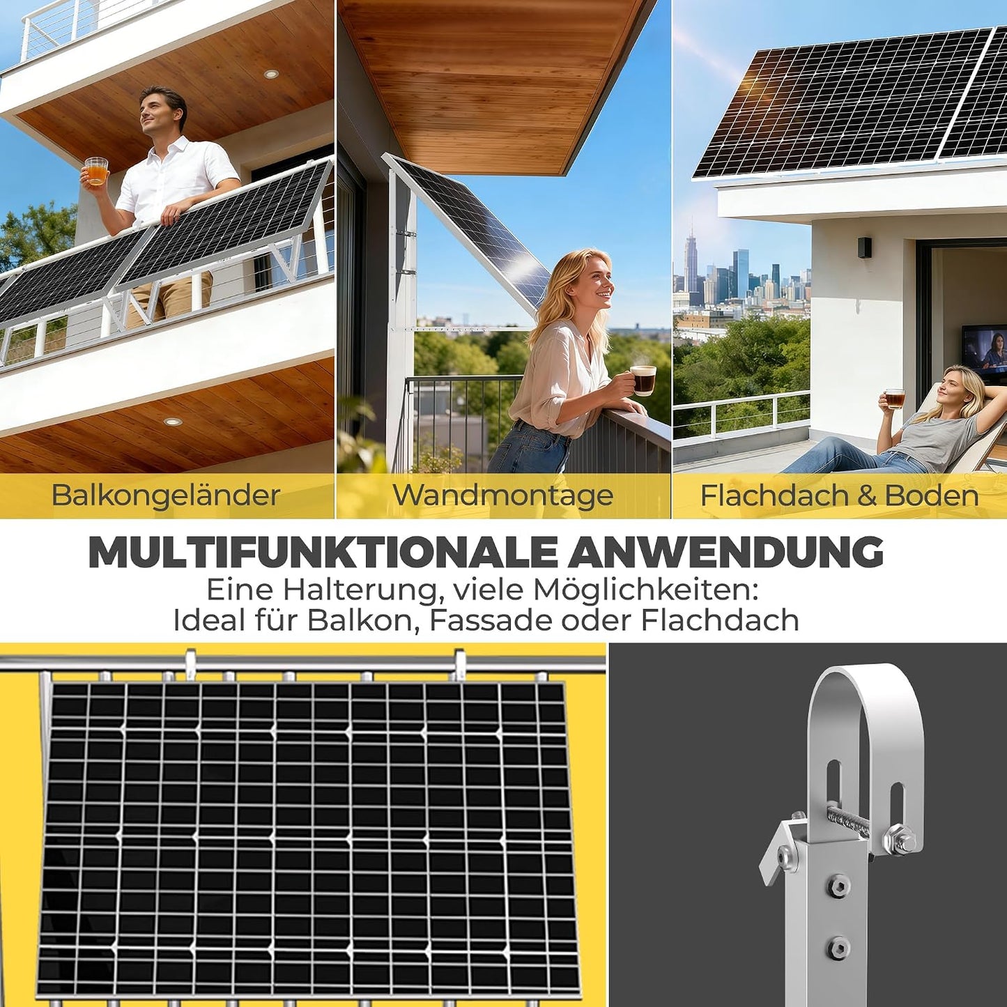 GLIESE Balkonkraftwerk Halterung | Solarmodulhalterung für 400W-550W - 15°-45° verstellbar aus stabilem Aluminium, inkl. Haken für rundes Geländer - Für Balkon, Flachdach, Wand (Silber)
