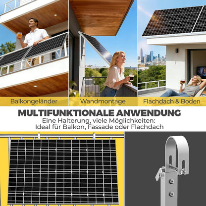 GLIESE Balkonkraftwerk Halterung | Solarmodulhalterung für 400W-550W - 15°-45° verstellbar aus stabilem Aluminium, inkl. Haken für rundes Geländer - Für Balkon, Flachdach, Wand (Silber)