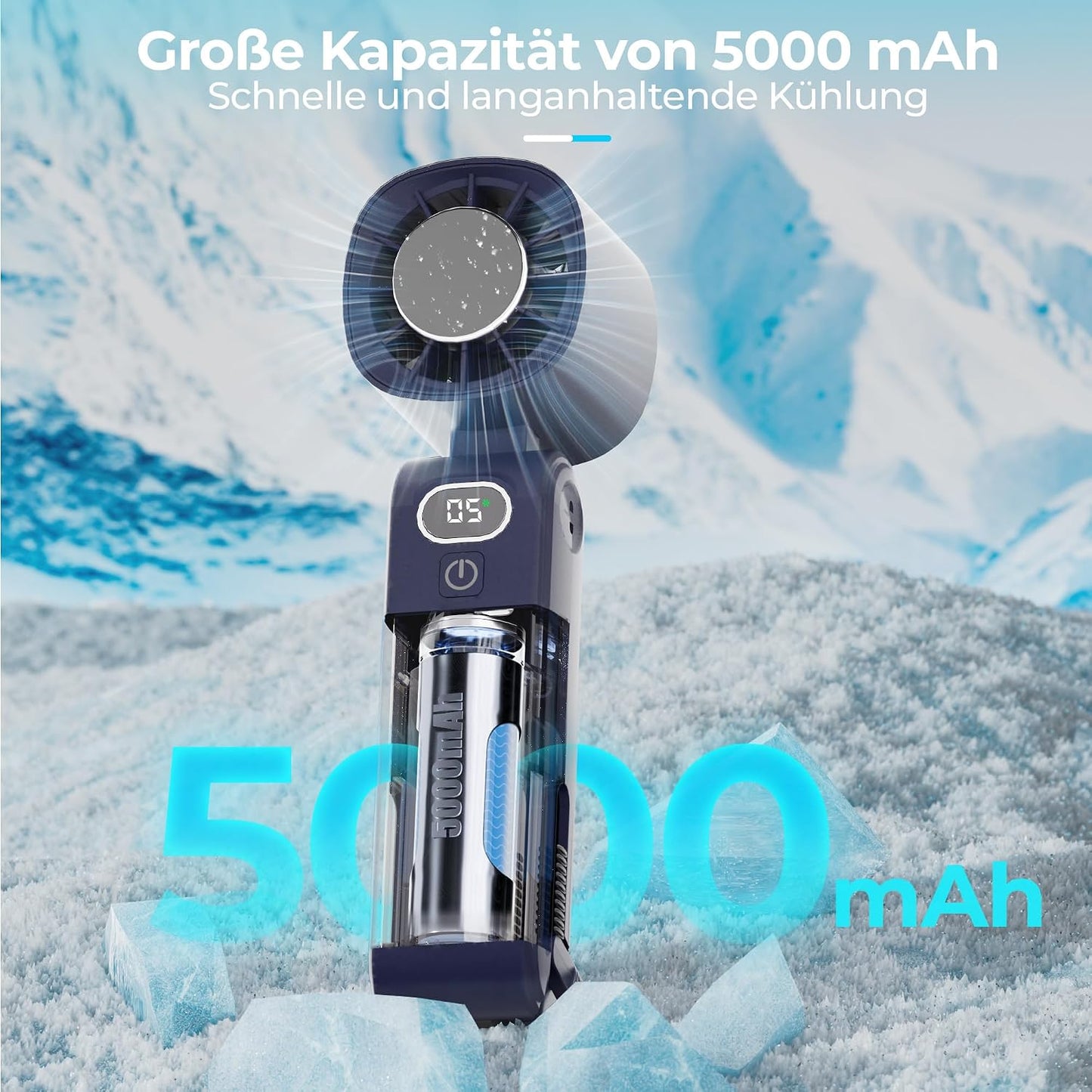 GLIESE Handventilator 5000mAh, Klappbarer USB-C Mini Ventilator mit Wiederaufladbarem Akku & Kühlpad, Tragbarer Tischventilator mit 5 Stufen für Büro, Reise, Camping, Auto - Dunkelblau