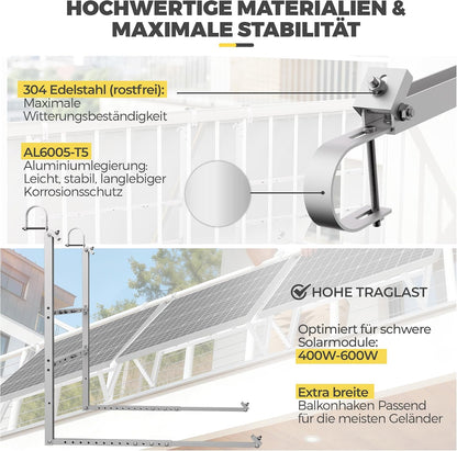 GLIESE Balkonkraftwerk Halterung | Solarmodulhalterung für 400W-550W - 15°-45° verstellbar aus stabilem Aluminium, inkl. Haken für rundes Geländer - Für Balkon, Flachdach, Wand (Silber)