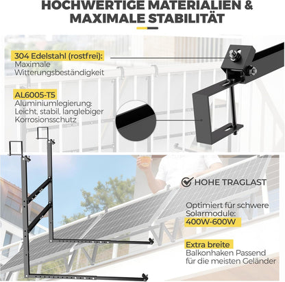 GLIESE Balkonkraftwerk Halterung für 400W-550W Solarmodule - 15°-45° verstellbar aus stabilem Aluminium, inkl. Haken für Quadratprofil-Geländer - Für Balkon, Flachdach, Wand (Schwarz)