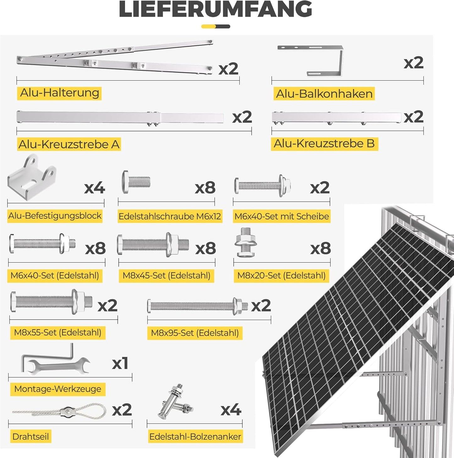 GLIESE Balkonkraftwerk Halterung,Solarmodulhalterung für 400W-550W - 15°-45° verstellbar aus stabilem Aluminium, inkl.Haken für Quadratprofil-Geländer - Für Balkon, Flachdach, Wand (Silber)
