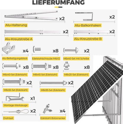 GLIESE Balkonkraftwerk Halterung,Solarmodulhalterung für 400W-550W - 15°-45° verstellbar aus stabilem Aluminium, inkl.Haken für Quadratprofil-Geländer - Für Balkon, Flachdach, Wand (Silber)