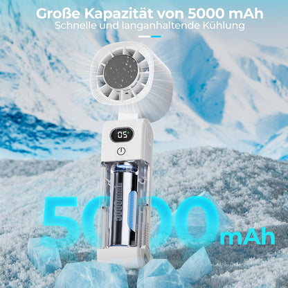 GLIESE Handventilator 5000mAh, Klappbarer USB-C Mini Ventilator mit Wiederaufladbarem Akku & Kühlpad, Tragbarer Tischventilator mit 5 Stufen für Büro, Reise, Camping, Auto - Weiß