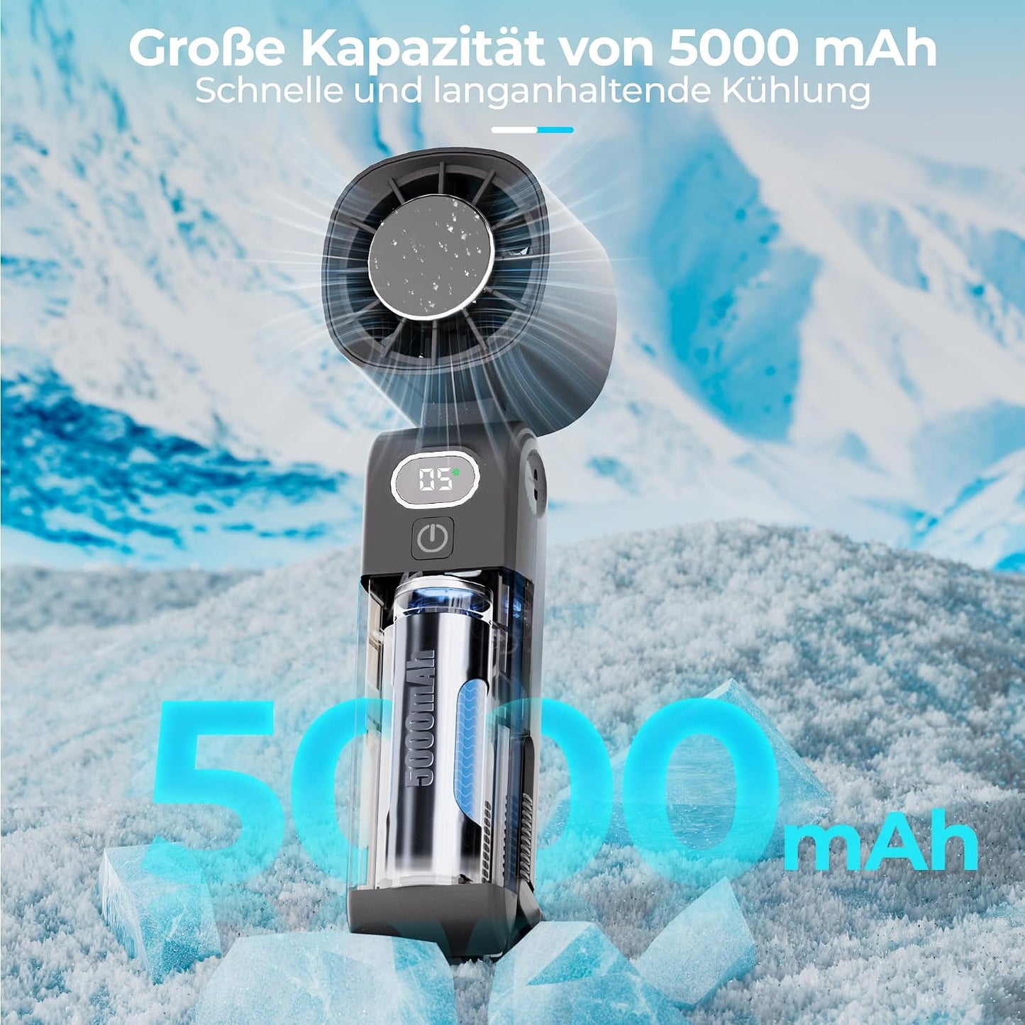 GLIESE Handventilator 5000mAh, Klappbarer USB-C Mini Ventilator mit Wiederaufladbarem Akku & Kühlpad, Tragbarer Tischventilator mit 5 Stufen für Büro, Reise, Camping, Auto - Schwarz
