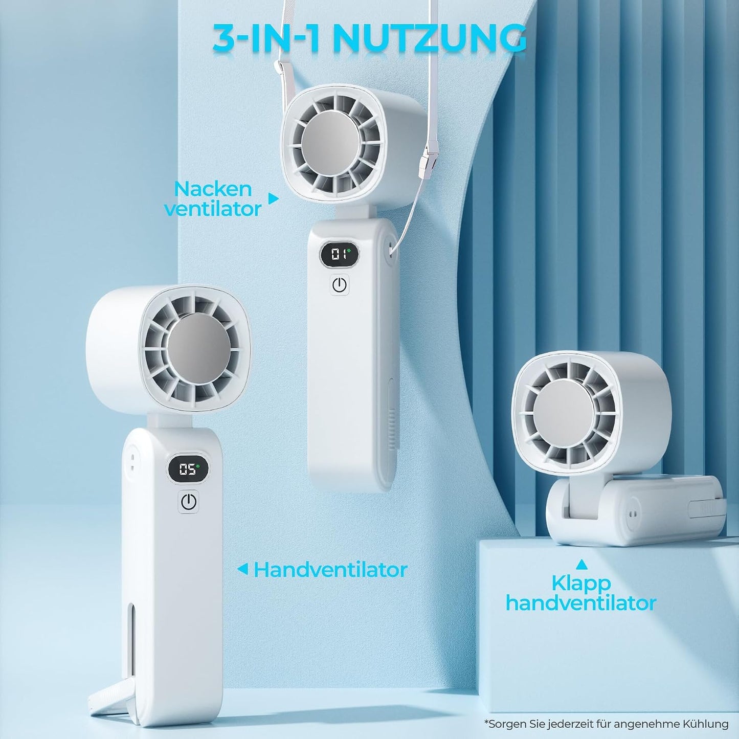 GLIESE Handventilator 5000mAh, Klappbarer USB-C Mini Ventilator mit Wiederaufladbarem Akku & Kühlpad, Tragbarer Tischventilator mit 5 Stufen für Büro, Reise, Camping, Auto - Weiß