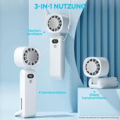 GLIESE Handventilator 5000mAh, Klappbarer USB-C Mini Ventilator mit Wiederaufladbarem Akku & Kühlpad, Tragbarer Tischventilator mit 5 Stufen für Büro, Reise, Camping, Auto - Weiß