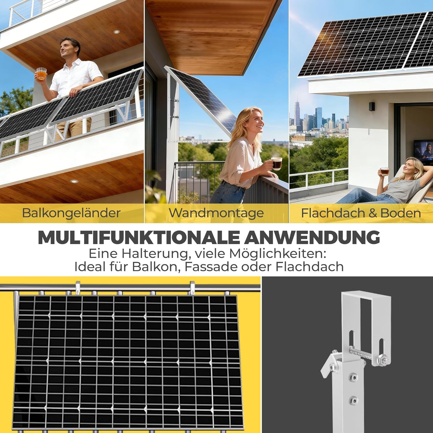 GLIESE Balkonkraftwerk Halterung,Solarmodulhalterung für 400W-550W - 15°-45° verstellbar aus stabilem Aluminium, inkl.Haken für Quadratprofil-Geländer - Für Balkon, Flachdach, Wand (Silber)