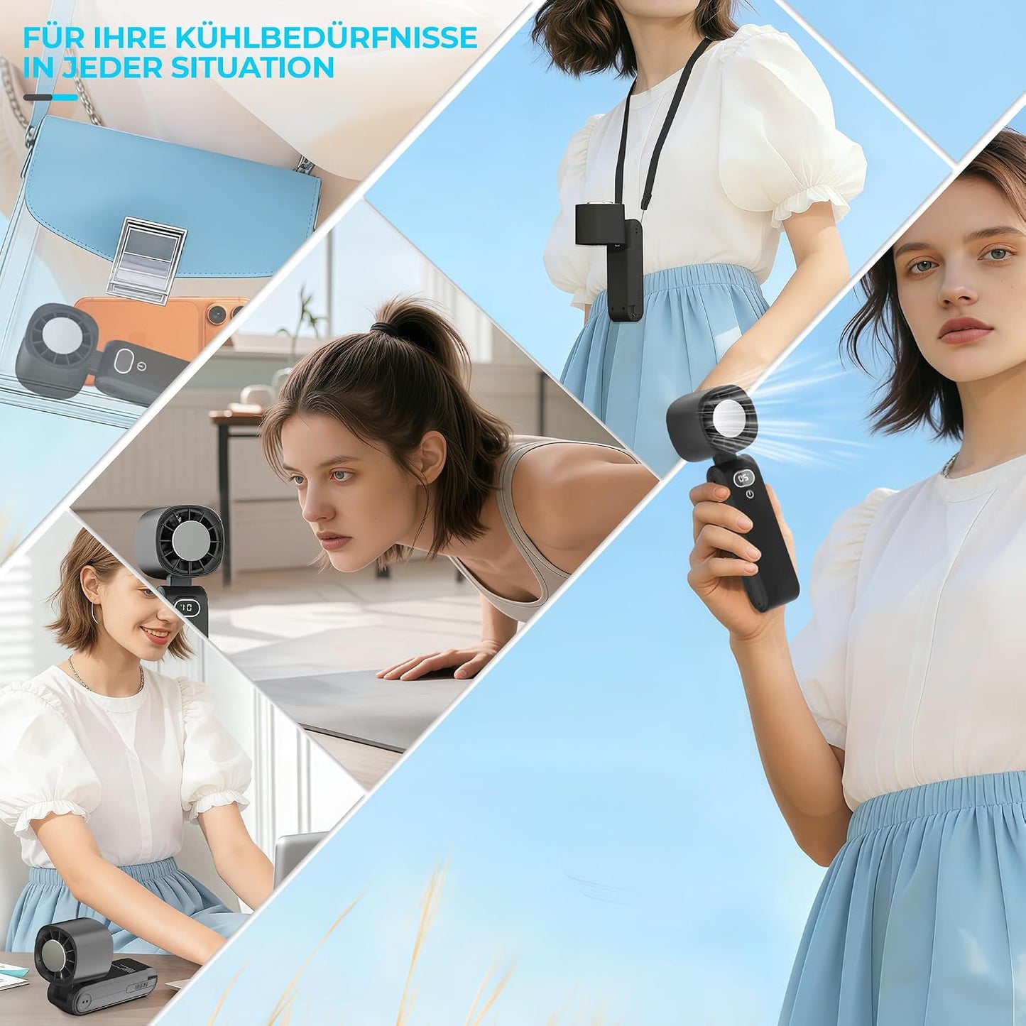 GLIESE Handventilator 5000mAh, Klappbarer USB-C Mini Ventilator mit Wiederaufladbarem Akku & Kühlpad, Tragbarer Tischventilator mit 5 Stufen für Büro, Reise, Camping, Auto - Schwarz