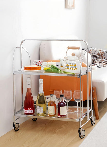 GLIESE Servierwagen Klappbar Mit Rädern,2 Tier Clear Tempered Glass,Mobiler Aufbewahrungs-Klappwagen,KüChenrollwagen, Barwagen Teewagen,Weinwagen Servierwagen,GeträNkewagen