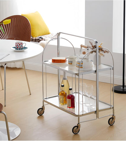GLIESE Servierwagen Klappbar Mit Rädern,2 Tier Clear Tempered Glass,Mobiler Aufbewahrungs-Klappwagen,KüChenrollwagen, Barwagen Teewagen,Weinwagen Servierwagen,GeträNkewagen