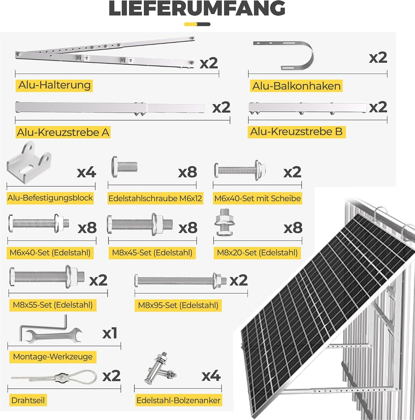GLIESE Balkonkraftwerk Halterung | Solarmodulhalterung für 400W-550W - 15°-45° verstellbar aus stabilem Aluminium, inkl. Haken für rundes Geländer - Für Balkon, Flachdach, Wand (Silber)