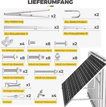 GLIESE Balkonkraftwerk Halterung | Solarmodulhalterung für 400W-550W - 15°-45° verstellbar aus stabilem Aluminium, inkl. Haken für rundes Geländer - Für Balkon, Flachdach, Wand (Silber)