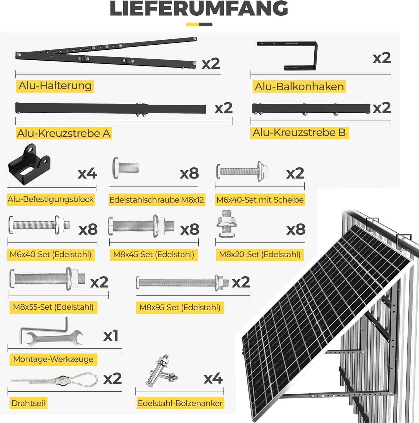 GLIESE Balkonkraftwerk Halterung für 400W-550W Solarmodule - 15°-45° verstellbar aus stabilem Aluminium, inkl. Haken für Quadratprofil-Geländer - Für Balkon, Flachdach, Wand (Schwarz)