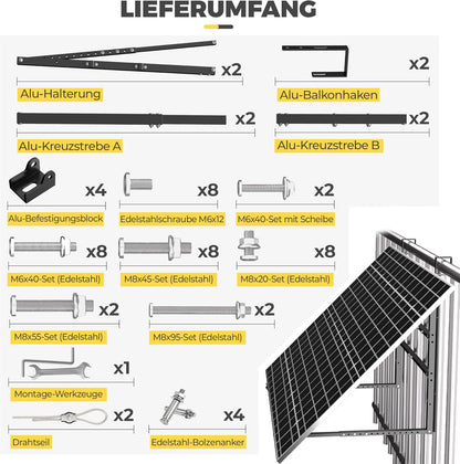 GLIESE Balkonkraftwerk Halterung für 400W-550W Solarmodule - 15°-45° verstellbar aus stabilem Aluminium, inkl. Haken für Quadratprofil-Geländer - Für Balkon, Flachdach, Wand (Schwarz)