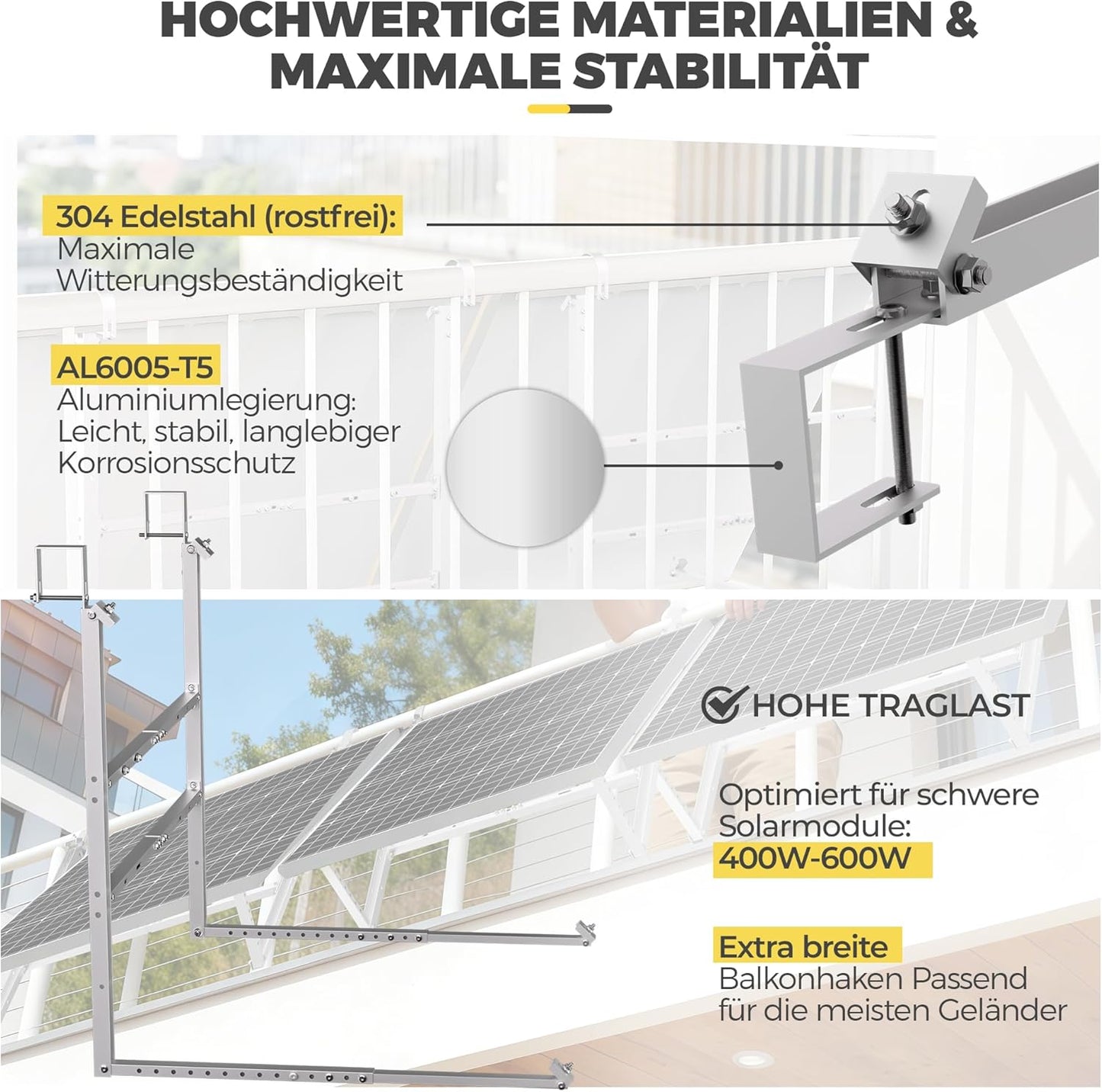 GLIESE Balkonkraftwerk Halterung,Solarmodulhalterung für 400W-550W - 15°-45° verstellbar aus stabilem Aluminium, inkl.Haken für Quadratprofil-Geländer - Für Balkon, Flachdach, Wand (Silber)